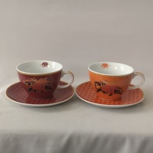 Set of 2 PPD Porcelain Coffee/Tea Mugs & Saucers, Elephant, Red Orange, Germany